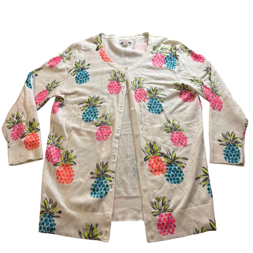 Merona Womens Pineapple Print Cardigan White Pink Blue Tropical‎ Knit Sweater M